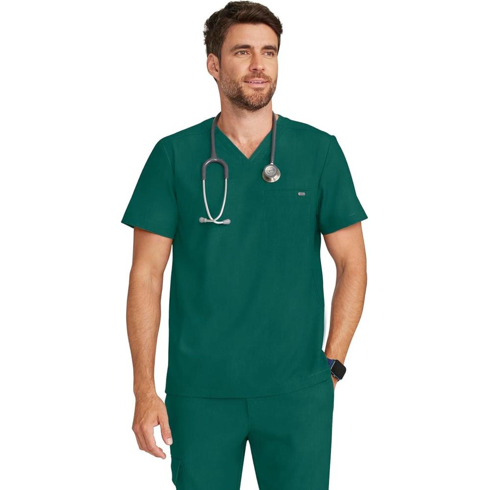 imageHealing Hands Mens Scrub Top VNeck with 1 Pocket ampamp 360 Stretch Fabric HH758Hunter