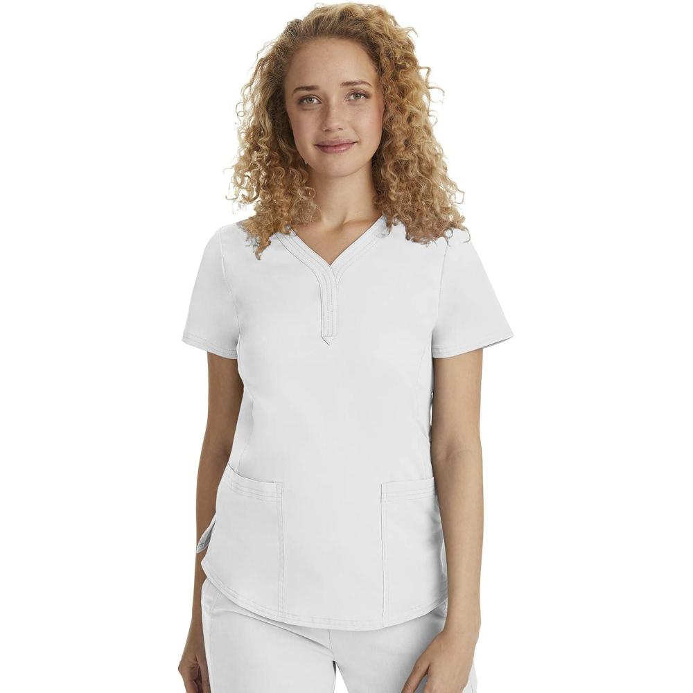 imageHealing Hands Scrubs for Women YNeck Jane Modern Fit Triple Stitch Detail 2 Pockets 2Way Stretch ampamp Shirttail Hem 2167White