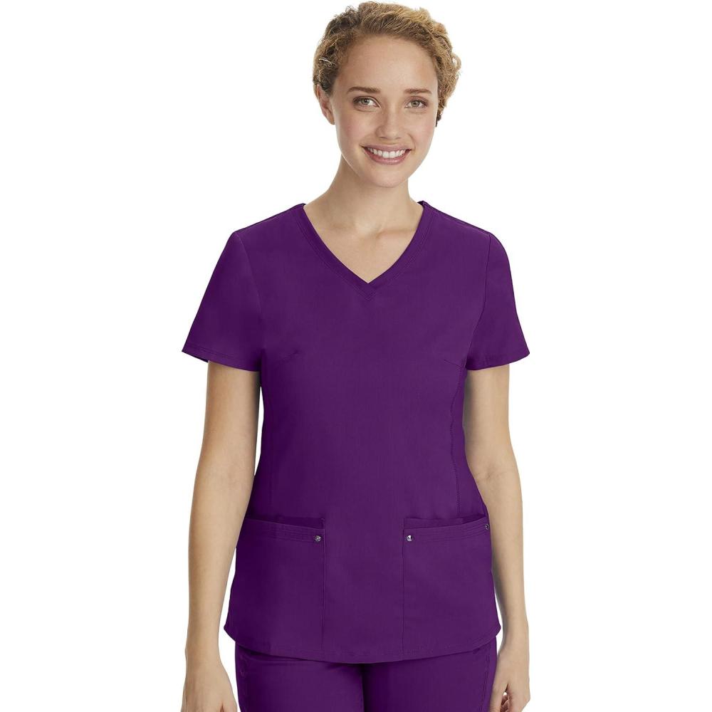 imageHealing Hands Womens Scrub Top VNeck with 2 Pockets 2Way Stretch and Yoga Knit Side Panels for Slim Fit 2245Eggplant