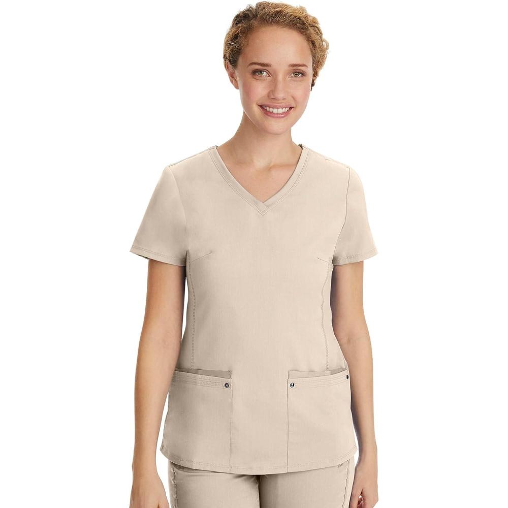 imageHealing Hands Womens Scrub Top VNeck with 2 Pockets 2Way Stretch and Yoga Knit Side Panels for Slim Fit 2245Khaki