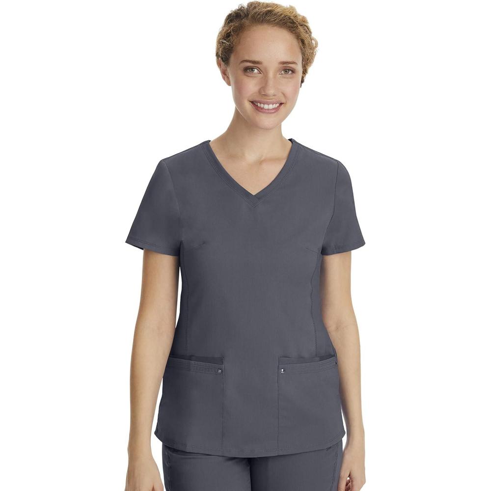 imageHealing Hands Womens Scrub Top VNeck with 2 Pockets 2Way Stretch and Yoga Knit Side Panels for Slim Fit 2245Pewter