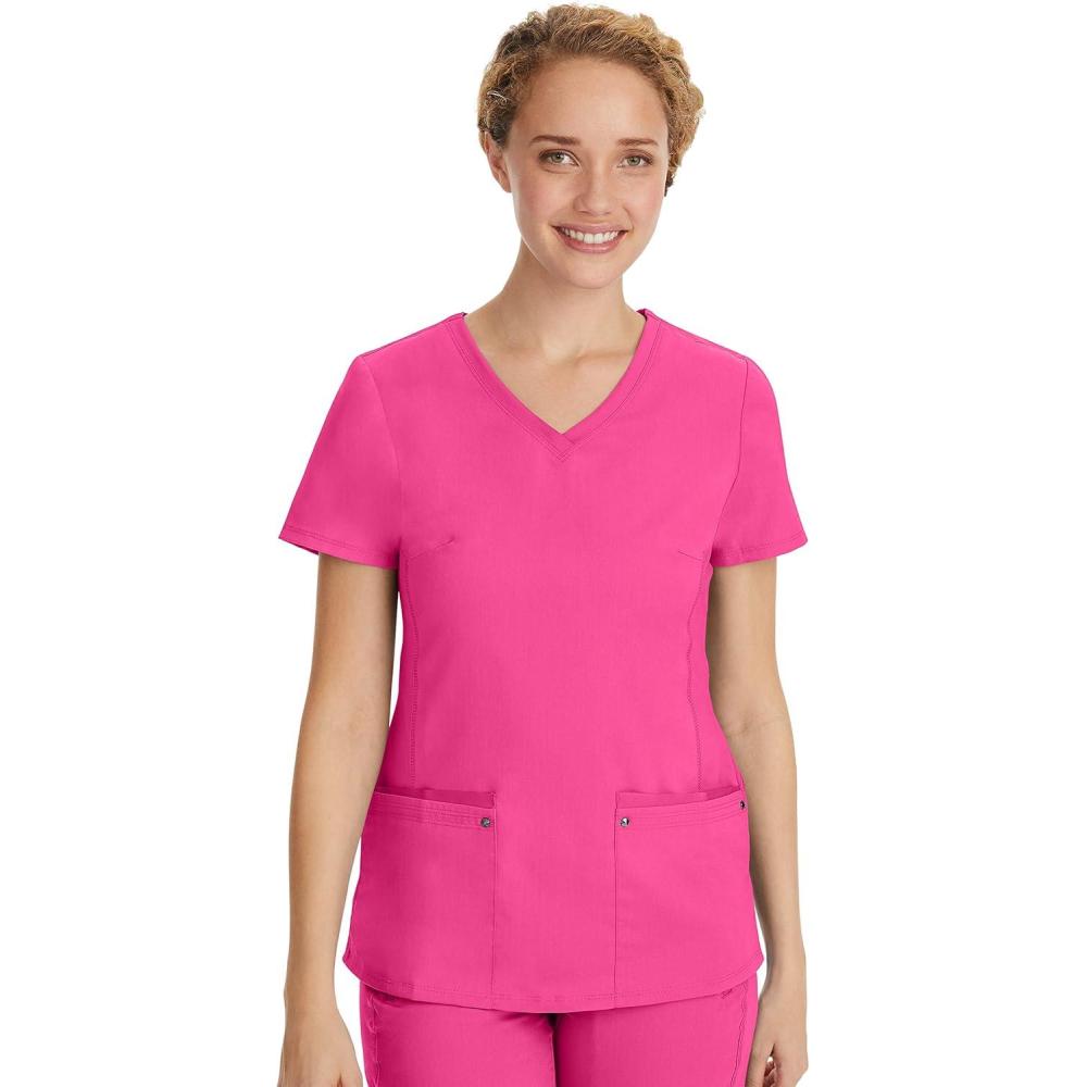 imageHealing Hands Womens Scrub Top VNeck with 2 Pockets 2Way Stretch and Yoga Knit Side Panels for Slim Fit 2245Shocking Pink