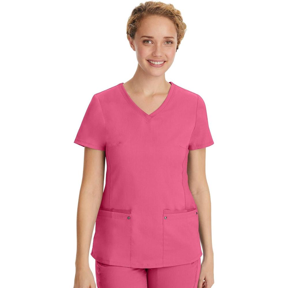 imageHealing Hands Womens Scrub Top VNeck with 2 Pockets 2Way Stretch and Yoga Knit Side Panels for Slim Fit 2245Sugar Coral