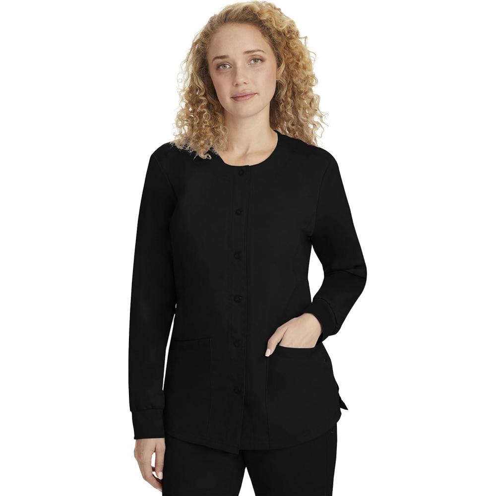 imageHealing Hands Womens Snap Front Scrub Jacket Daisy 2Way Stretch Uniform 5063Black