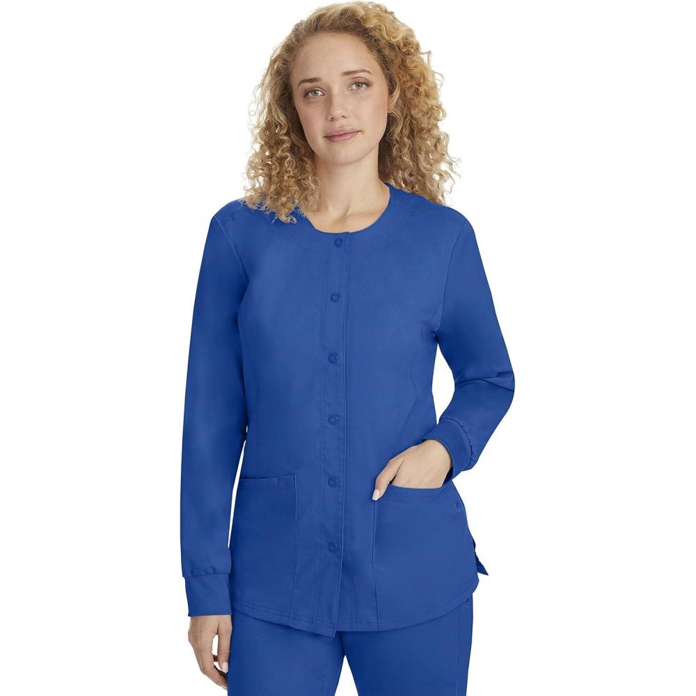 imageHealing Hands Womens Snap Front Scrub Jacket Daisy 2Way Stretch Uniform 5063Royal