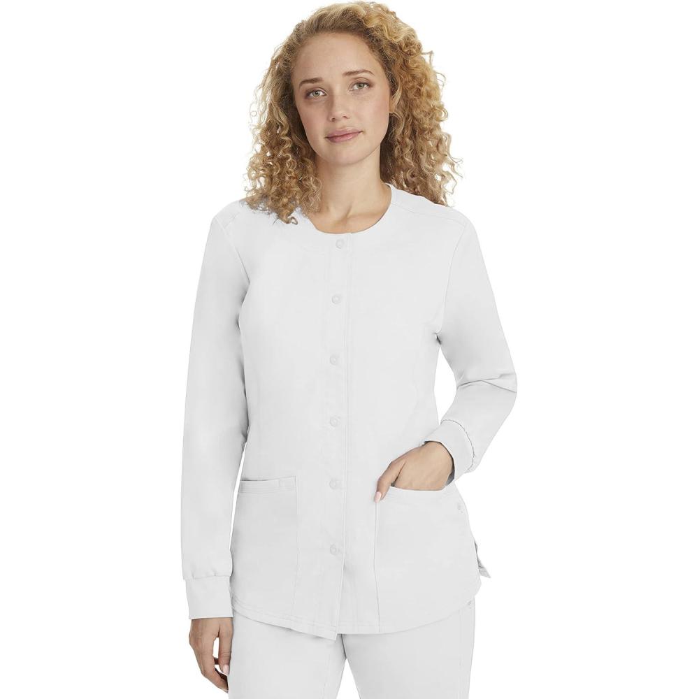 imageHealing Hands Womens Snap Front Scrub Jacket Daisy 2Way Stretch Uniform 5063White