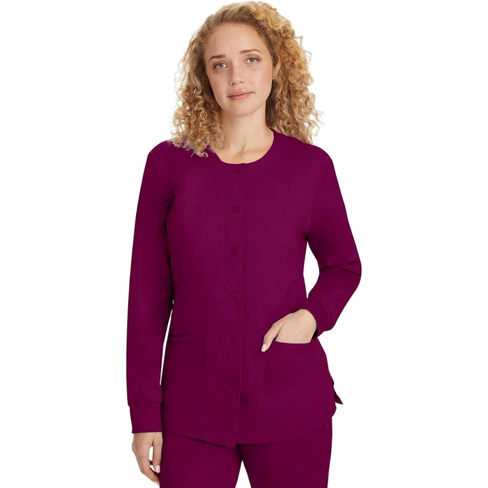 imageHealing Hands Womens Snap Front Scrub Jacket Daisy 2Way Stretch Uniform 5063Wine