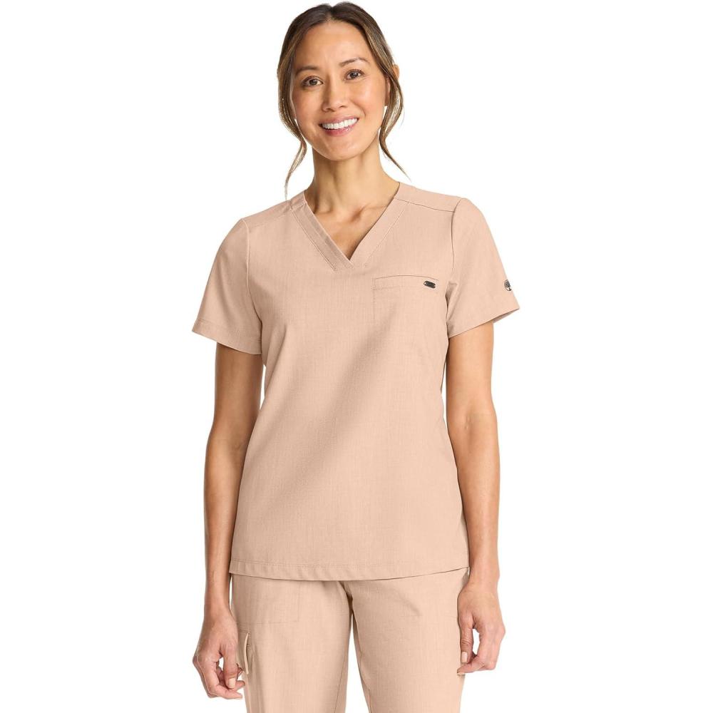 imageHealing Hands Womens Tops VNeck Scrub Top Tuckin with Welt Chest Pocket HH755Desert Taupe