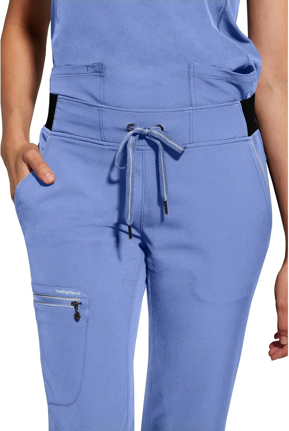 imageHealing Hands Women Scrub Pants with Rib Knit Waistband Moisture Wicking 360 Stretch and Recycled Fibers 9152Ceil