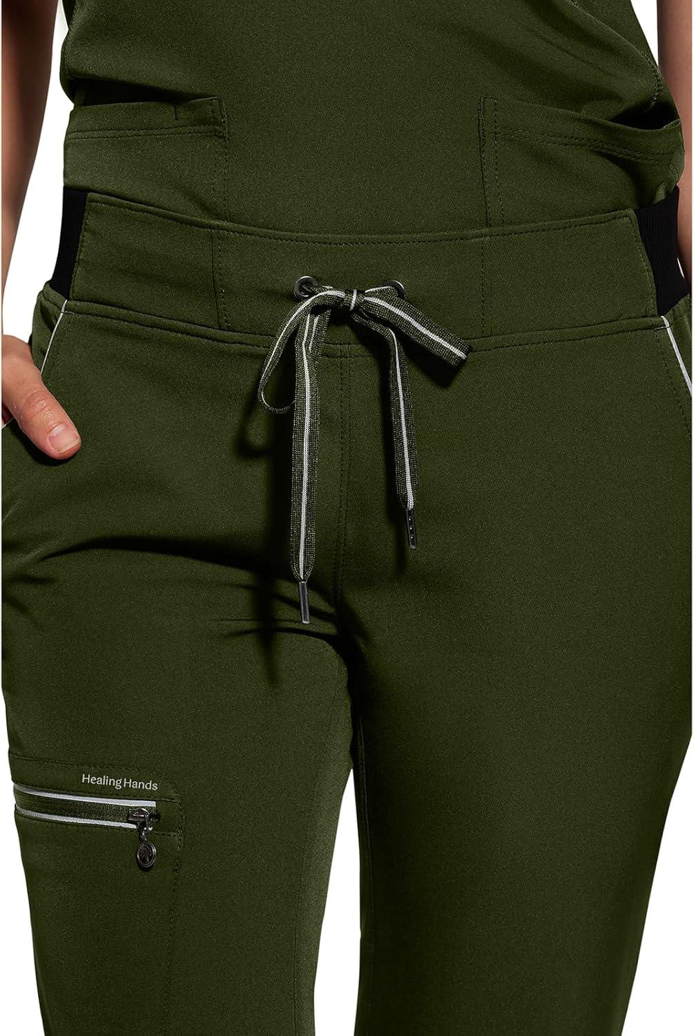 imageHealing Hands Women Scrub Pants with Rib Knit Waistband Moisture Wicking 360 Stretch and Recycled Fibers 9152Dark Pine