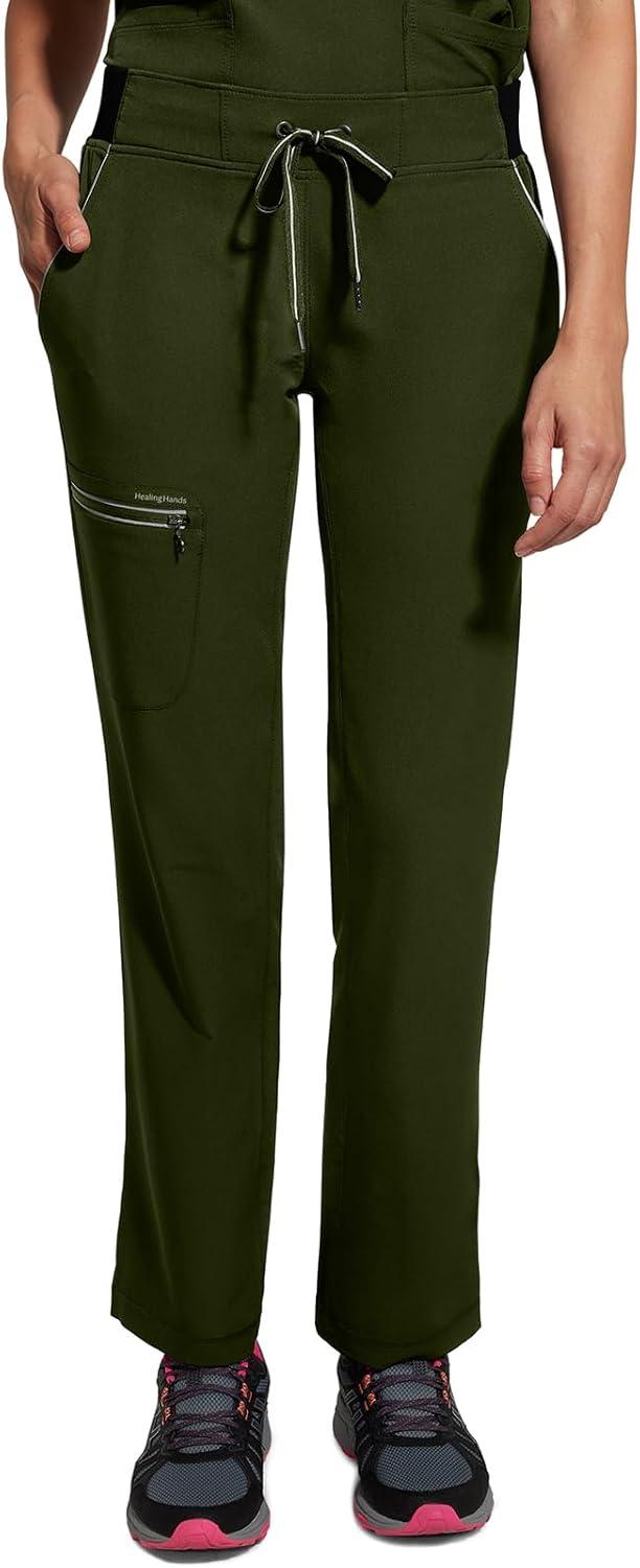 imageHealing Hands Women Scrub Pants with Rib Knit Waistband Moisture Wicking 360 Stretch and Recycled Fibers 9152Dark Pine