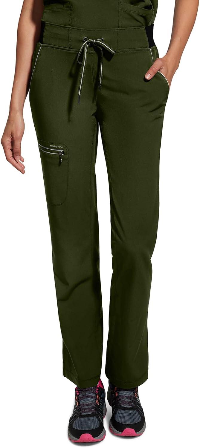 imageHealing Hands Women Scrub Pants with Rib Knit Waistband Moisture Wicking 360 Stretch and Recycled Fibers 9152Dark Pine