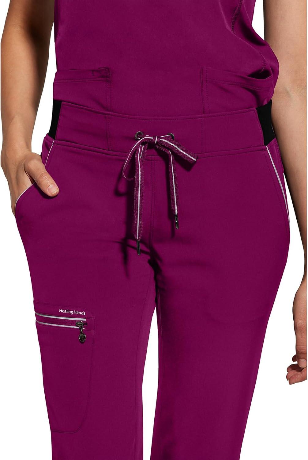 imageHealing Hands Women Scrub Pants with Rib Knit Waistband Moisture Wicking 360 Stretch and Recycled Fibers 9152Wine