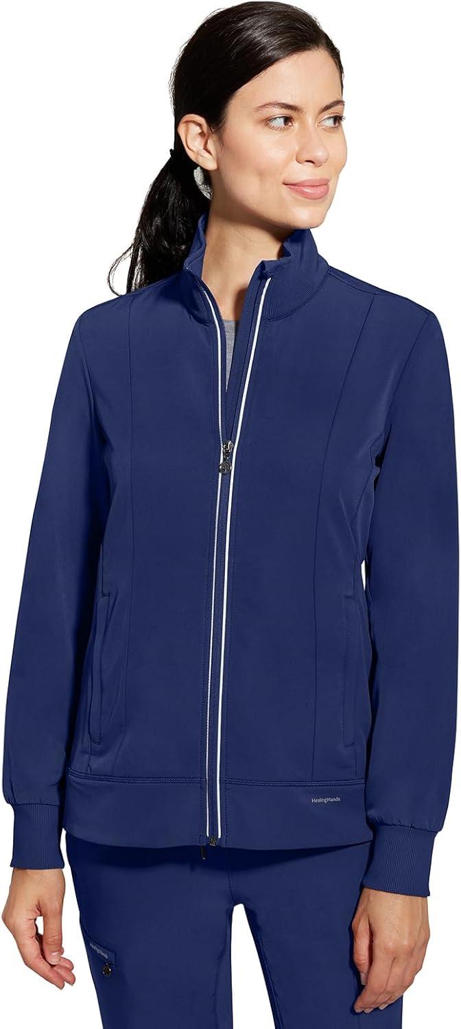 imageHealing Hands Womens Carly Collar Scrub Jacket Ribbed Knit Collar Moisture Wicking 360 Stretch Recycled Fibers 5068Navy