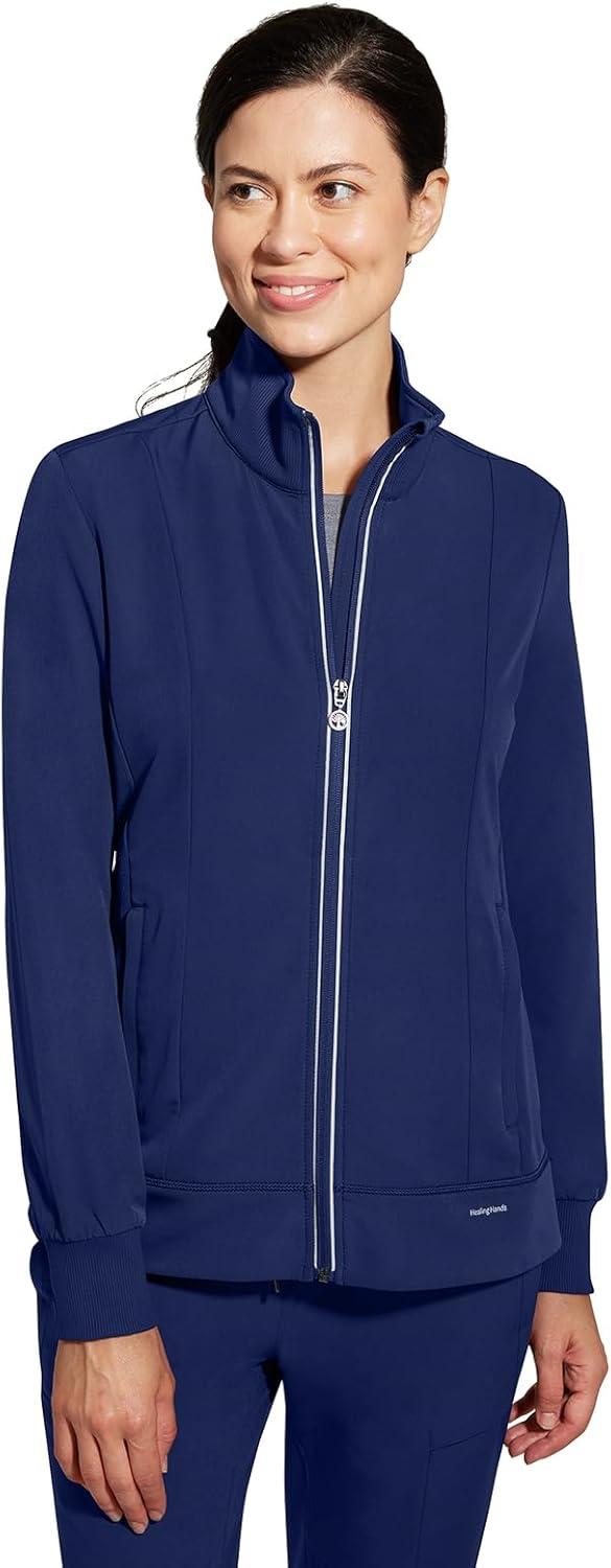 imageHealing Hands Womens Carly Collar Scrub Jacket Ribbed Knit Collar Moisture Wicking 360 Stretch Recycled Fibers 5068Navy
