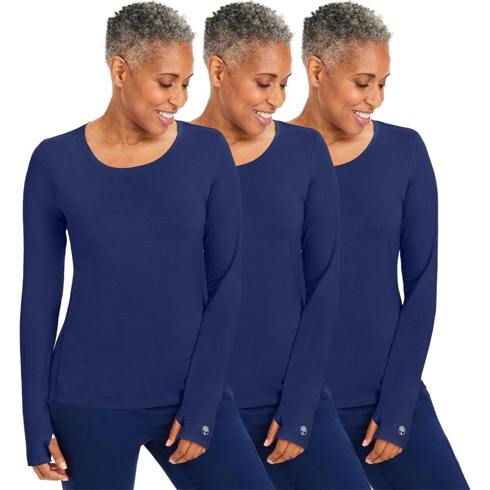 imageHealing Hands Mackenzie Womens Underscrub Long Sleeve Tee with Thumbholes Modern Fit Undershirt 5051Navy 3 Pack