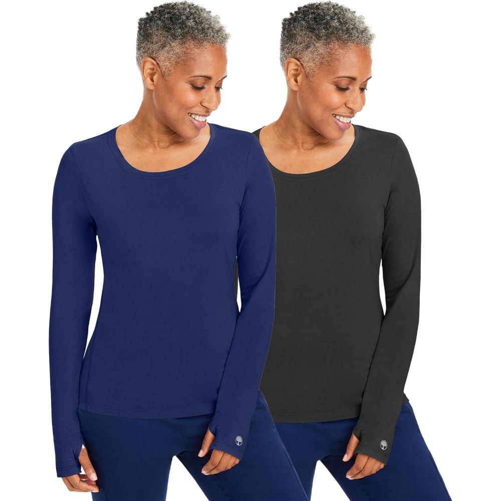 imageHealing Hands Mackenzie Womens Underscrub Long Sleeve Tee with Thumbholes Modern Fit Undershirt 5051Navy  Black  2 Pack