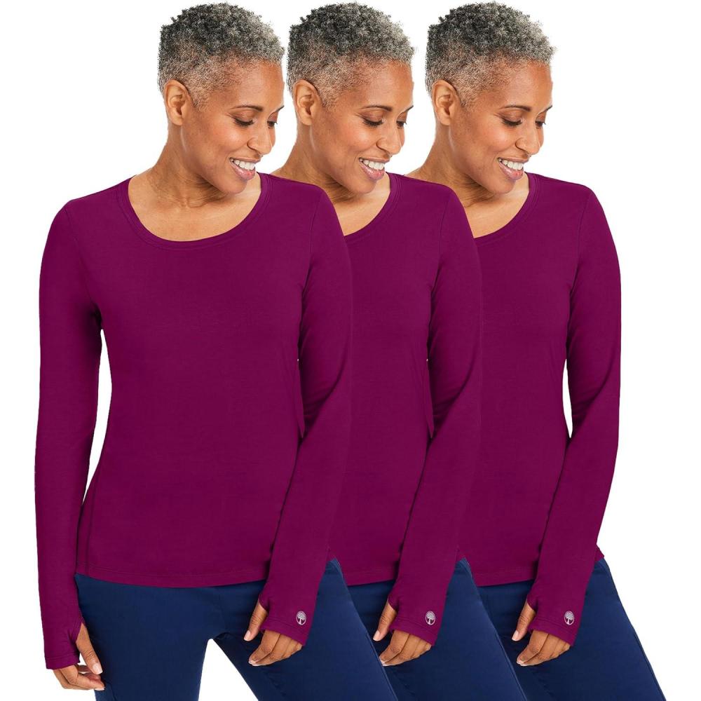 imageHealing Hands Mackenzie Womens Underscrub Long Sleeve Tee with Thumbholes Modern Fit Undershirt 5051Wine 3 Pack