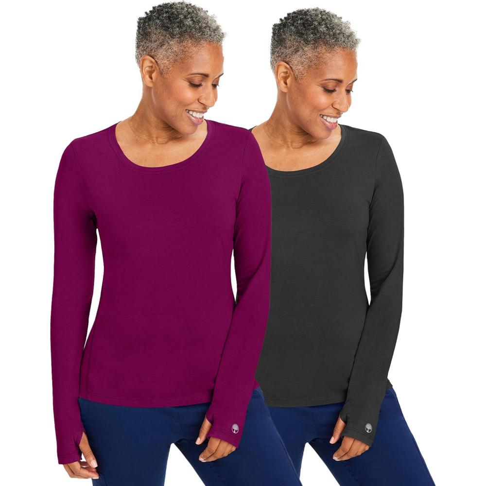 imageHealing Hands Mackenzie Womens Underscrub Long Sleeve Tee with Thumbholes Modern Fit Undershirt 5051Wine  Black  2 Pack