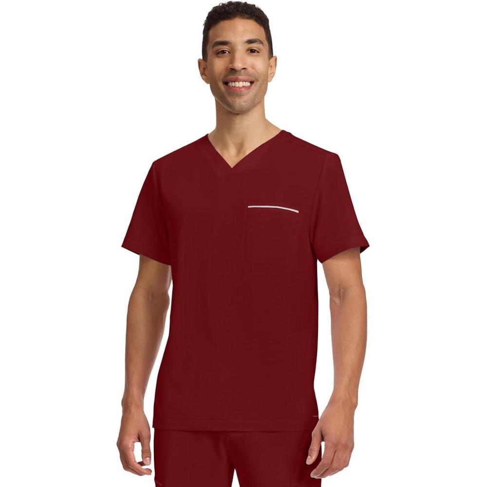 imageHealing Hands Mens Medical Scrub Top Spencer with 1 Pocket Moisture Wicking 360 Stretch ampamp Recycled Fibers  2381Garnet Red