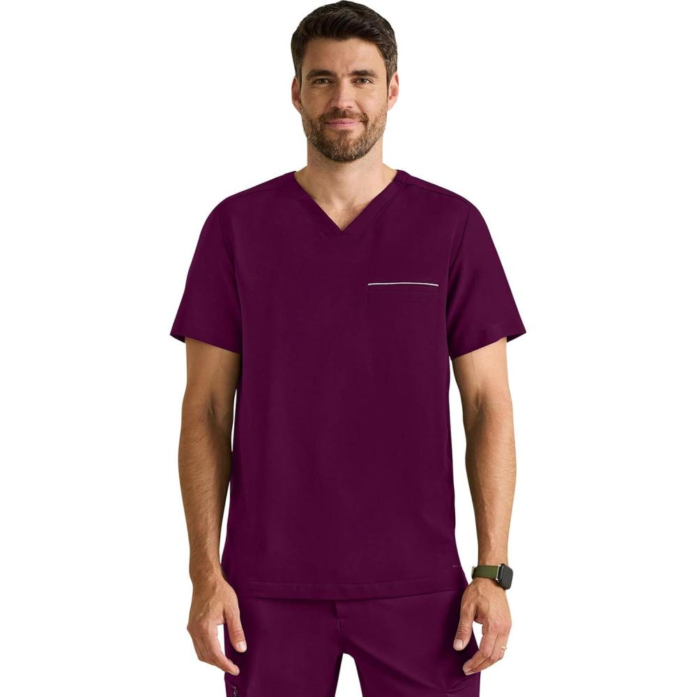 imageHealing Hands Mens Medical Scrub Top Spencer with 1 Pocket Moisture Wicking 360 Stretch ampamp Recycled Fibers  2381Wine