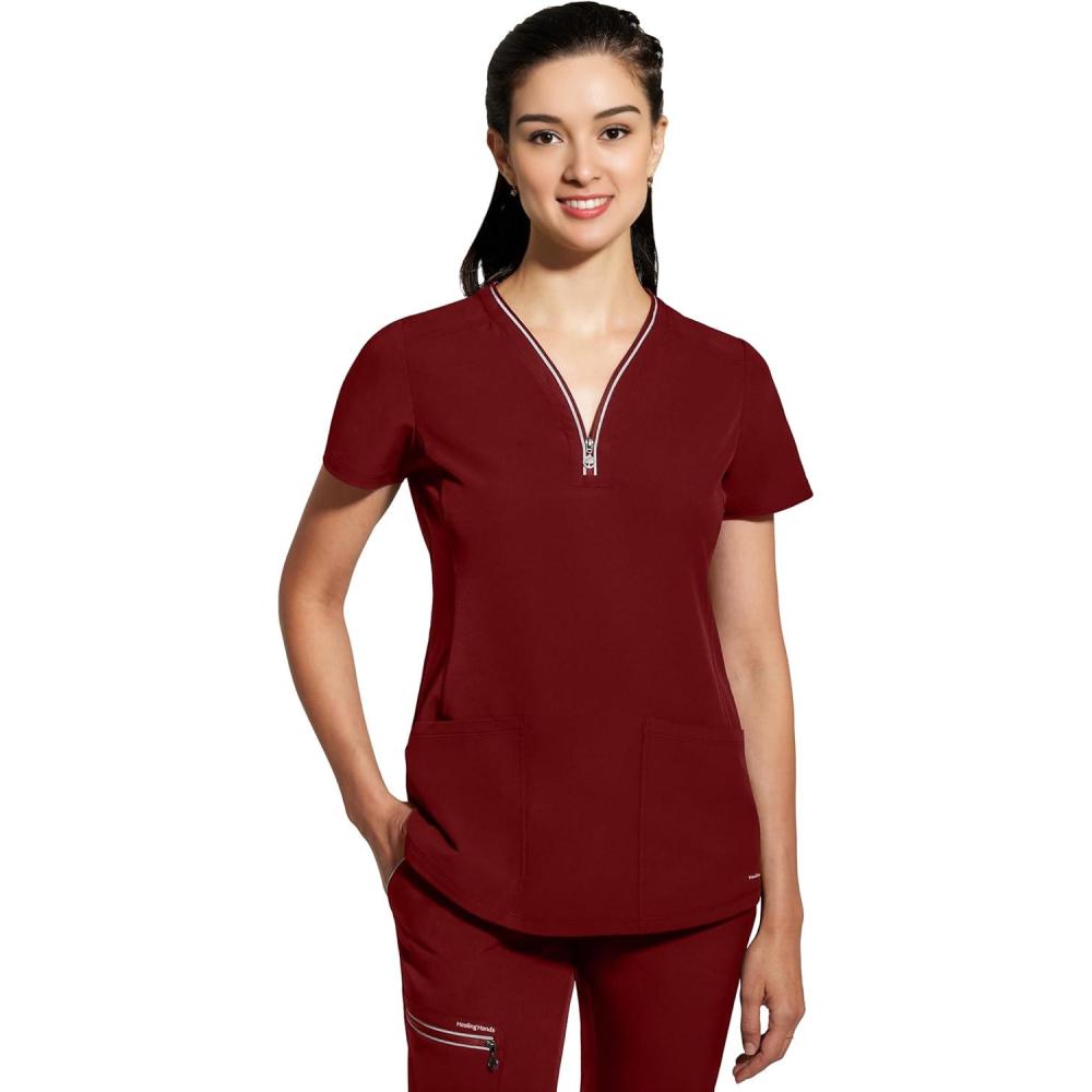 imageHealing Hands Scrub Top for Women Sonia Top with 3 Pockets Moisture Wicking 360 Stretch ampamp Recycled Fibers 2274Garnet Red