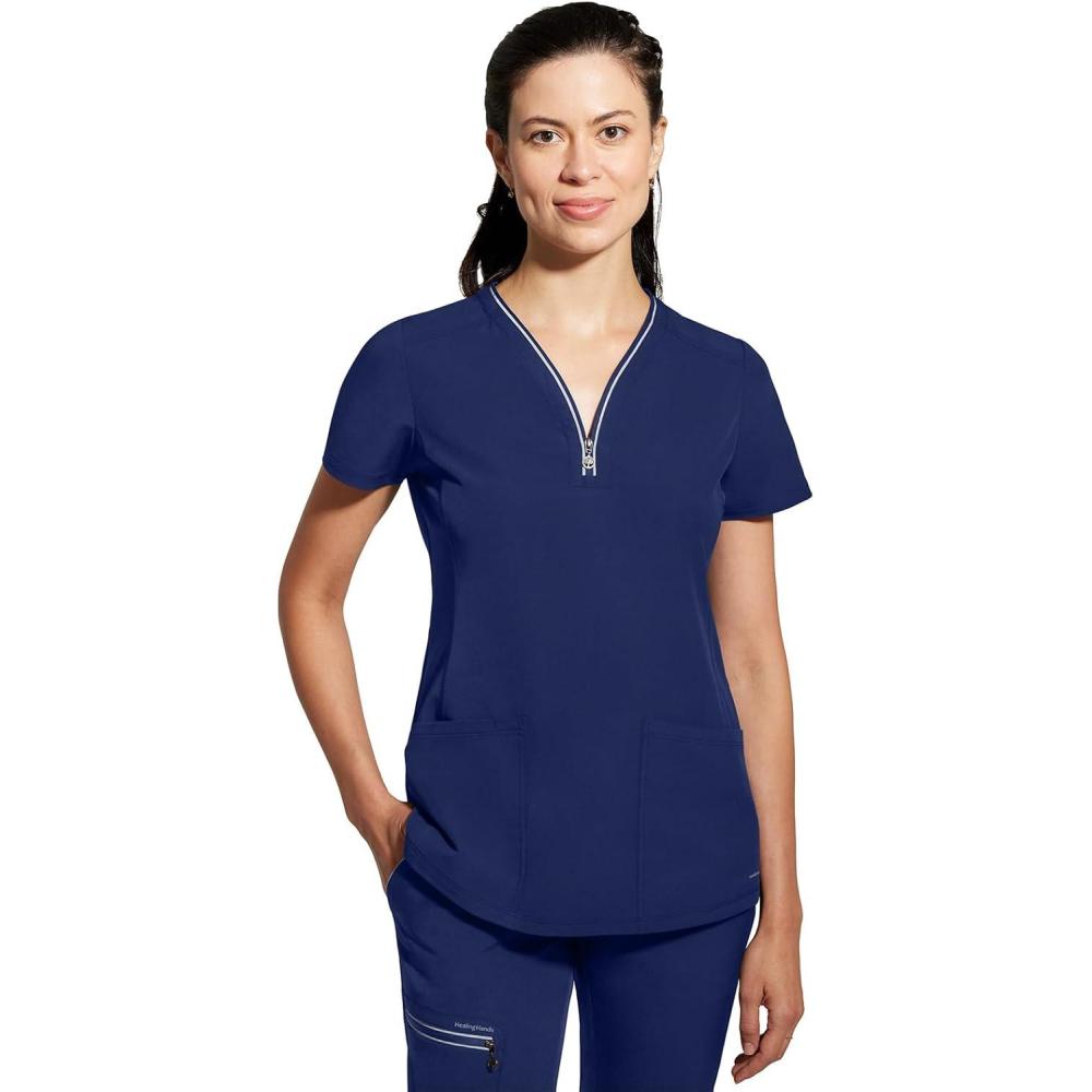 imageHealing Hands Scrub Top for Women Sonia Top with 3 Pockets Moisture Wicking 360 Stretch ampamp Recycled Fibers  2274Navy
