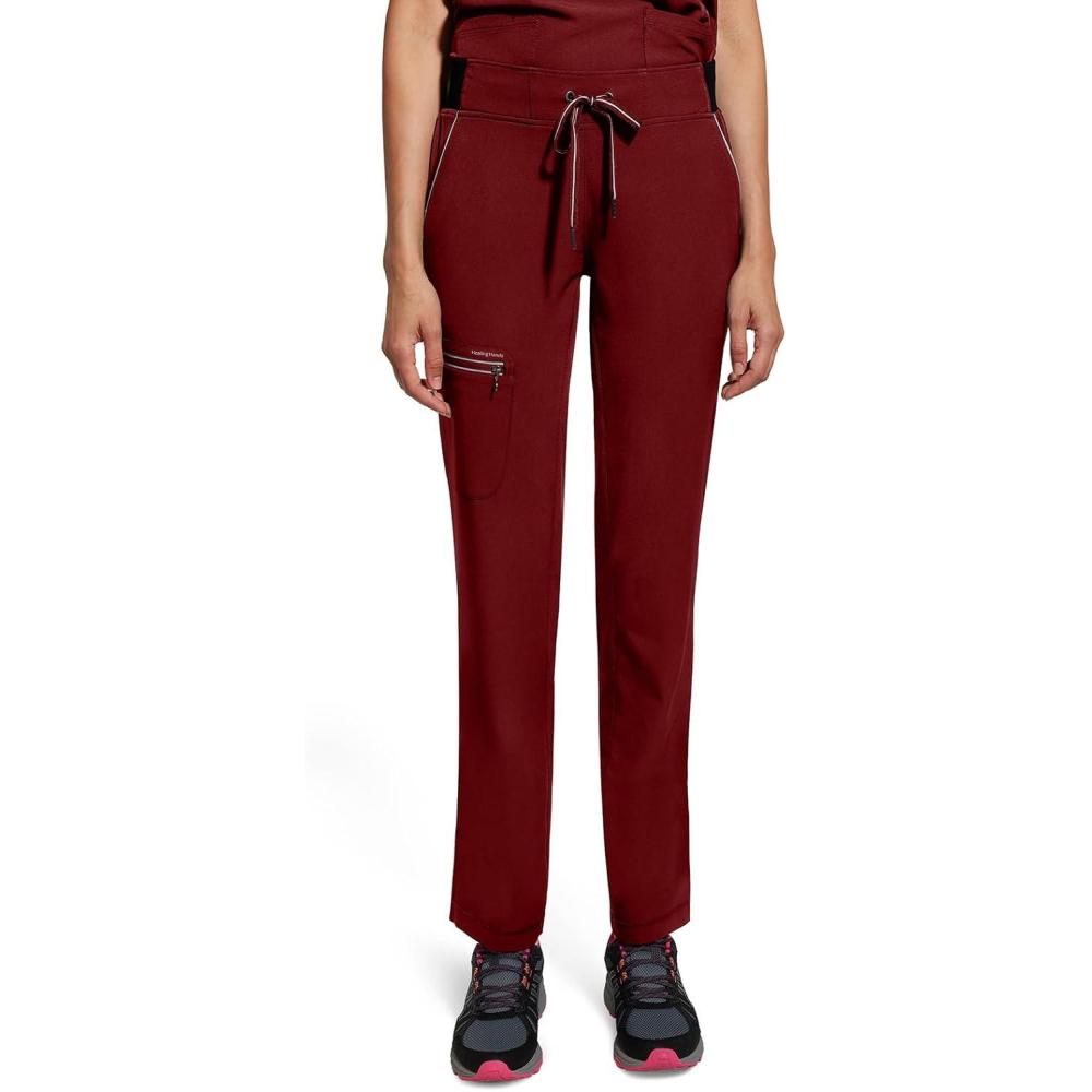 imageHealing Hands Women Scrub Pants with Rib Knit Waistband Moisture Wicking 360 Stretch and Recycled Fibers 9152Garnet Red