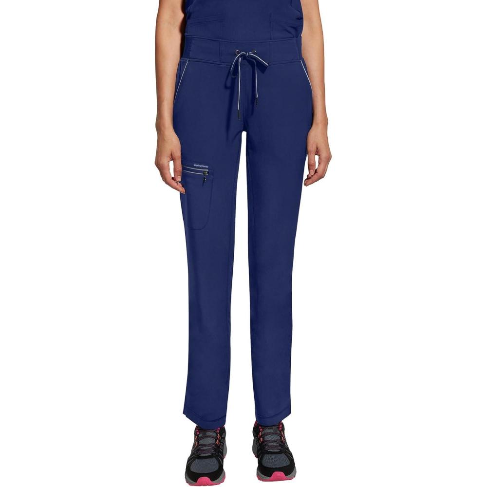 imageHealing Hands Women Scrub Pants with Rib Knit Waistband Moisture Wicking 360 Stretch and Recycled Fibers 9152Navy