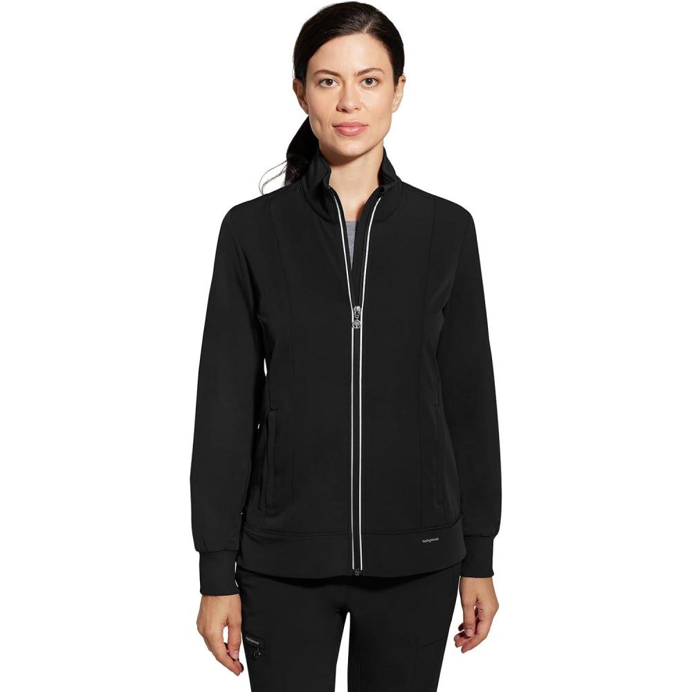 imageHealing Hands Womens Carly Collar Scrub Jacket Ribbed Knit Collar Moisture Wicking 360 Stretch Recycled Fibers  5068Black