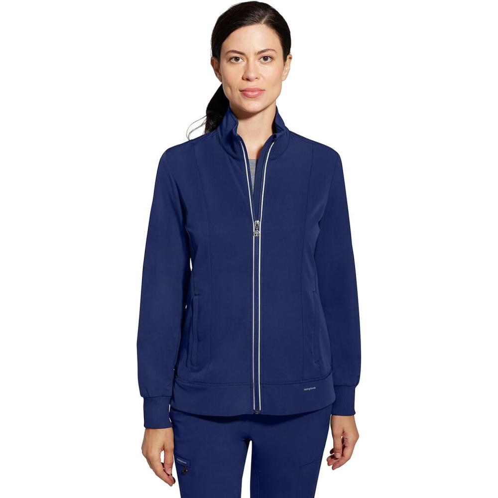 imageHealing Hands Womens Carly Collar Scrub Jacket Ribbed Knit Collar Moisture Wicking 360 Stretch Recycled Fibers  5068Navy