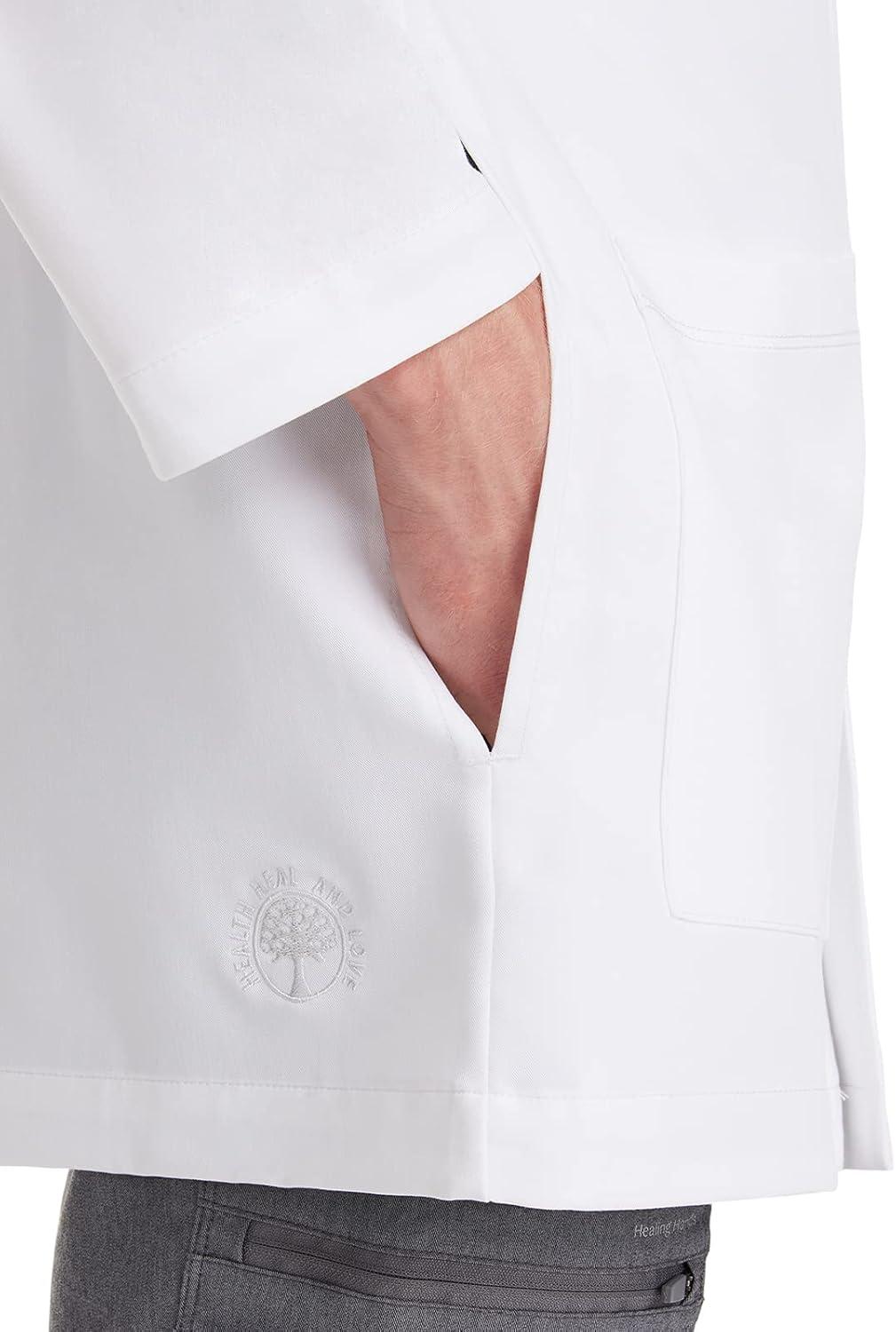 imageHealing Hands Logan Mens White Lab Coat with 5 Pockets Knit Details ampamp Side Slits Back length 34quot 360 Stretch 5100White