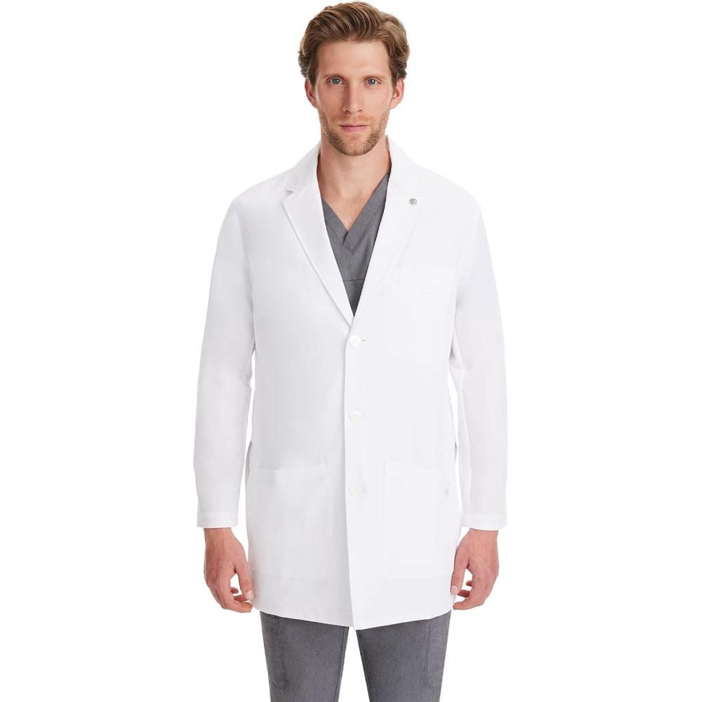 imageHealing Hands Logan Mens White Lab Coat with 5 Pockets Knit Details ampamp Side Slits Back length 34quot 360 Stretch 5100White