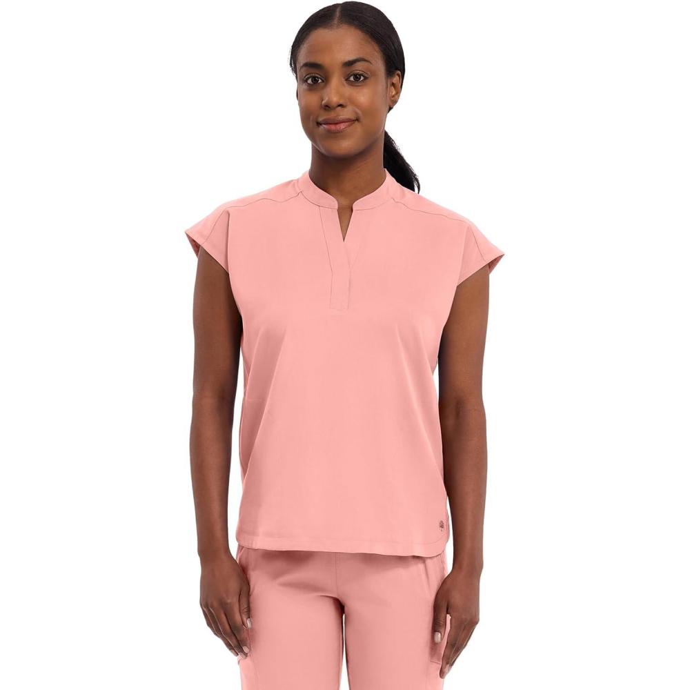imageHealing Hands Womens Scrub Top Relaxed Fit Journey Top 2 Pockets with Knit Details Dolman Sleeve and Rounded Hem 2152Blushing Peach