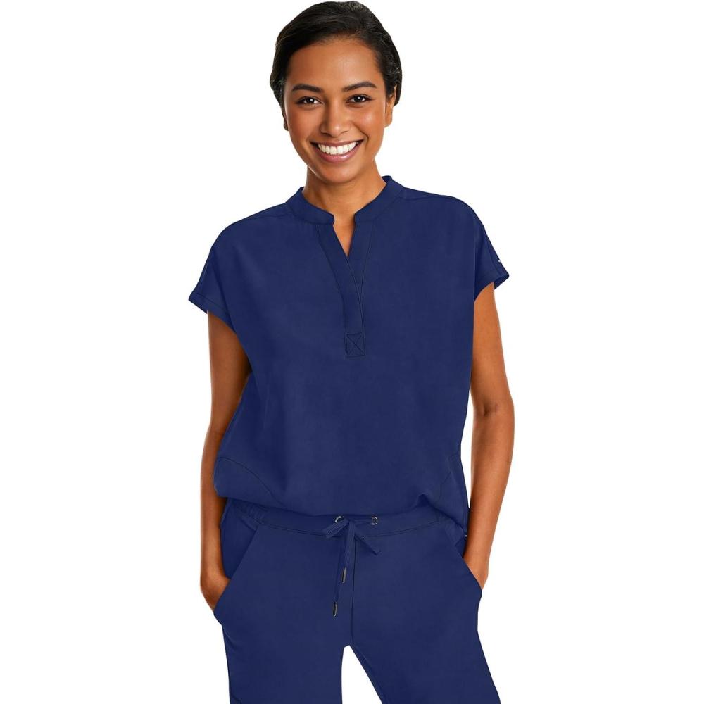 imageHealing Hands Womens Scrub Top Relaxed Fit Journey Top  2 Pockets with Knit Details Dolman Sleeve and Rounded Hem  2152Navy