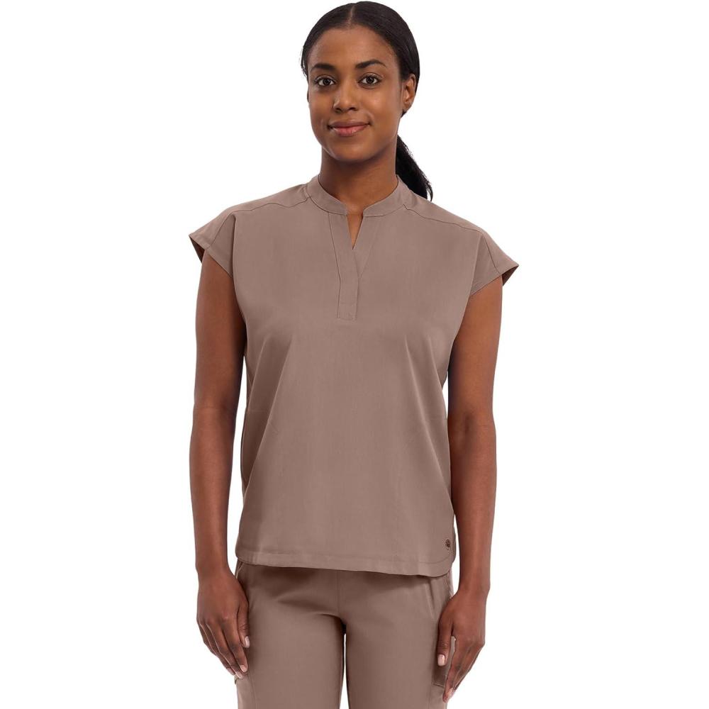 imageHealing Hands Womens Scrub Top Relaxed Fit Journey Top 2 Pockets with Knit Details Dolman Sleeve and Rounded Hem 2152Santa Fe Tan
