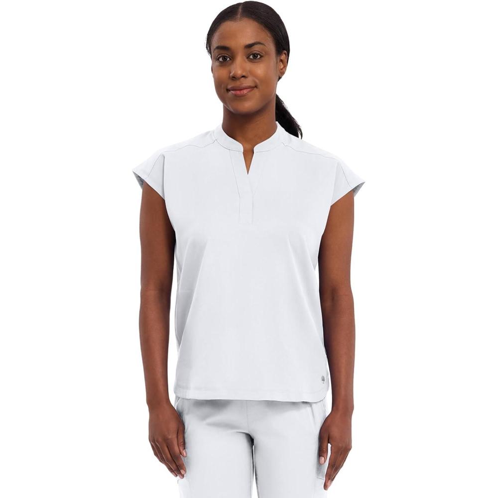 imageHealing Hands Womens Scrub Top Relaxed Fit Journey Top 2 Pockets with Knit Details Dolman Sleeve and Rounded Hem 2152White