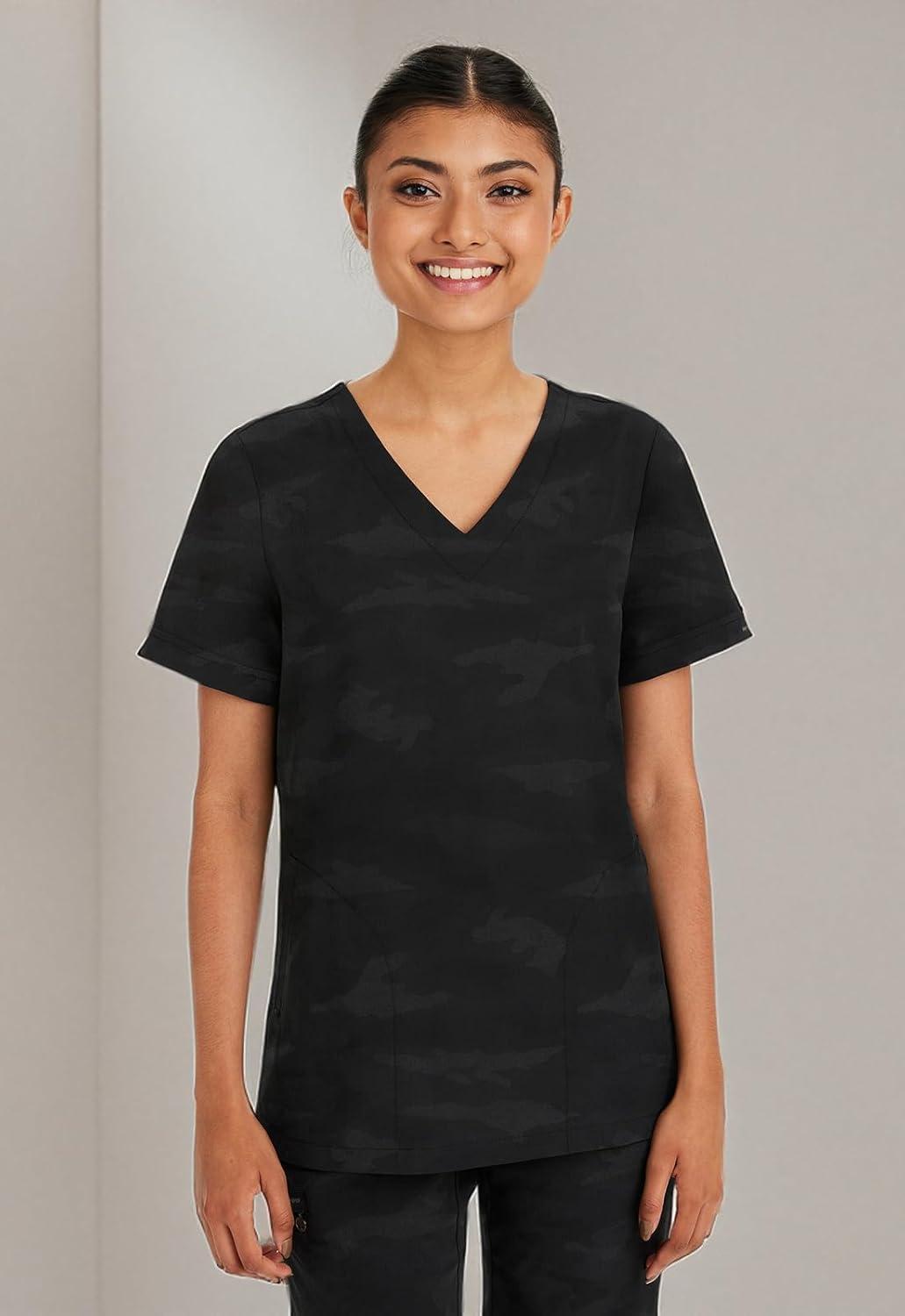 imageHealing Hands Scrubs for Women VNeck Scrub Top Joy Camo with Moisture Wicking360 Stretch ampamp Quick Dry Fabric 2353Black