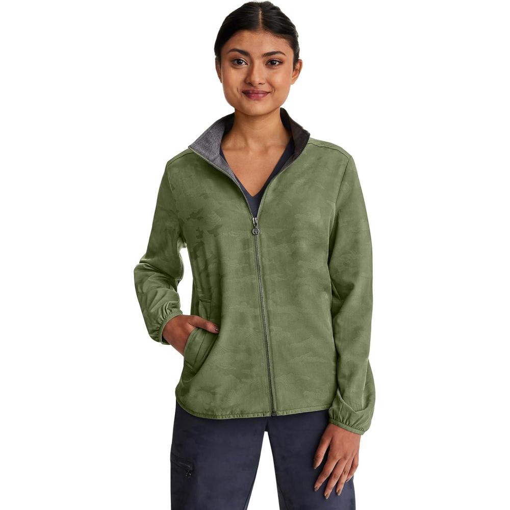 imageHealing Hands Scrub Jackets For Woman Destini Camo Jacket With 3 Pockets Moisture Wicking ampamp 360 Stretch Fabric 5030Olive