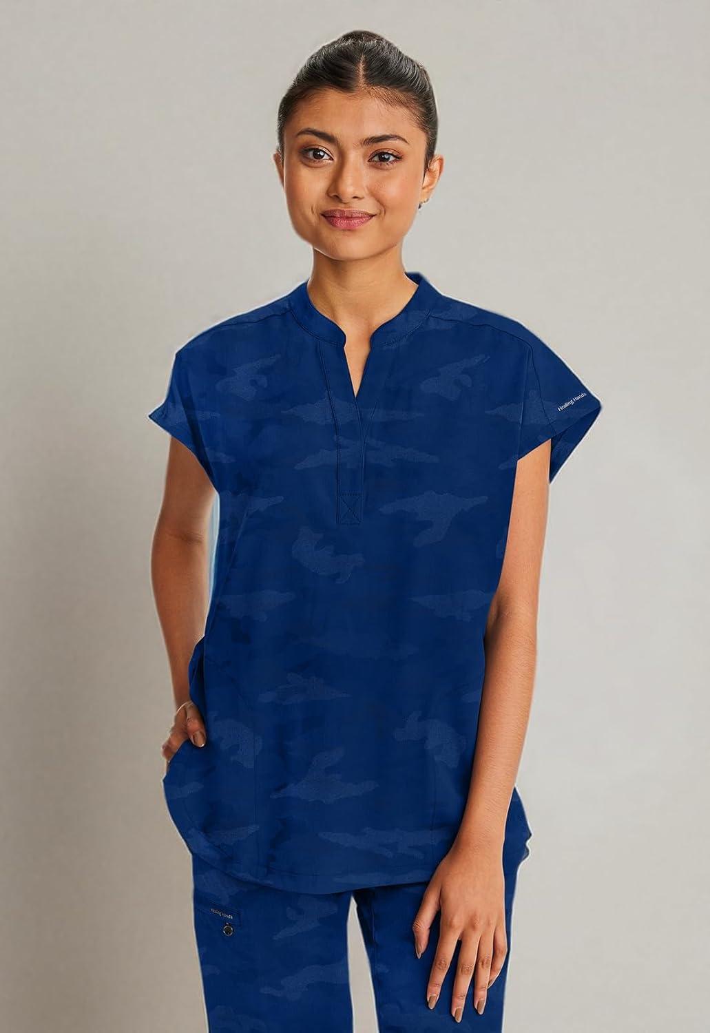 imageHealing Hands Scrub Top for Women Modern Fit Tee with 2 Pockets Moisture Wicking 360 Stretch and Quick Dry Fabric 2352Navy