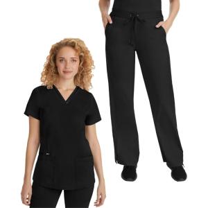 Healing Hands Scrub Set For Women with 5 Pockets, V-Neck Scrub Top 2278, and Taylor Pants 9095 with 2-Way Stretch Technology(Black)