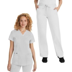 Healing Hands Scrub Set For Women with 5 Pockets, V-Neck Scrub Top 2278, and Taylor Pants 9095 with 2-Way Stretch Technology(White)